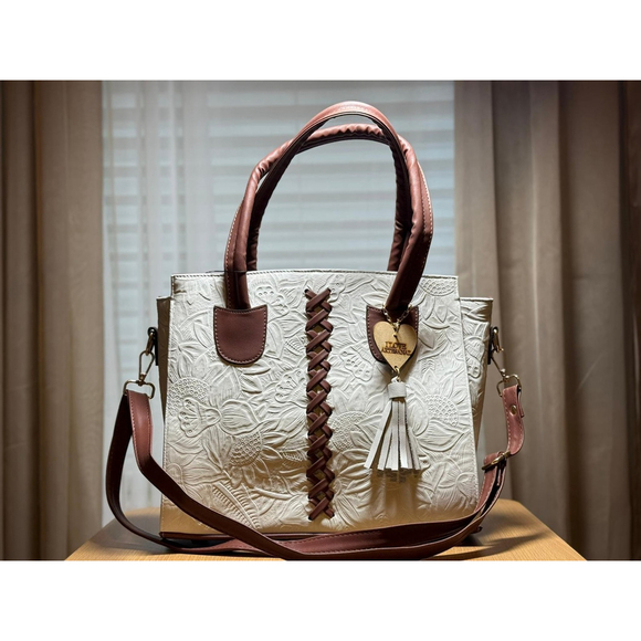 Floral White & Brown Cross Stitch Embossed Tooled Artisan LEATHER Bag Purse Tote - Picture 6 of 12